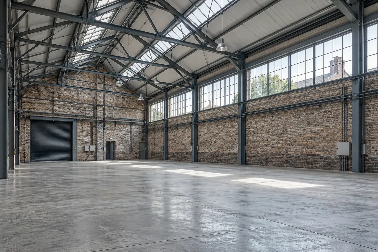 Daylit brick and steel workshop with a clear concrete floor